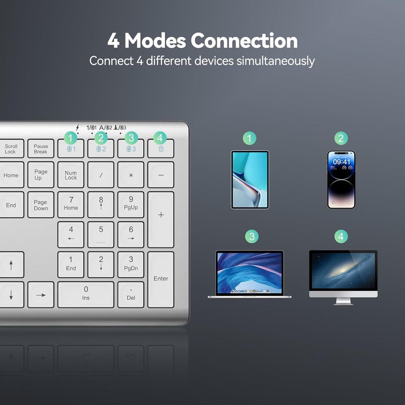 TECKNET Bluetooth Keyboard Rechargeable, 4-Device Free Switching (2.4G+BT), Ultra-Slim Full Size Wireless Keyboard, Quiet Typing, for PC/Laptop/Smart TV/Phone, Adjustable Stand, 12 Multimedia Keys - Image 2